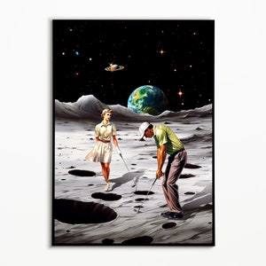 May include: A surrealist illustration of a couple playing golf on the moon. The man is in a green shirt and white hat, while the woman is wearing a white dress and white gloves. The Earth is visible in the background, along with stars and a ringed planet.