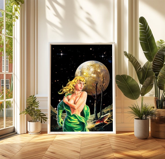 Surreal UFO Crash Landscape Print: Retro Space Art