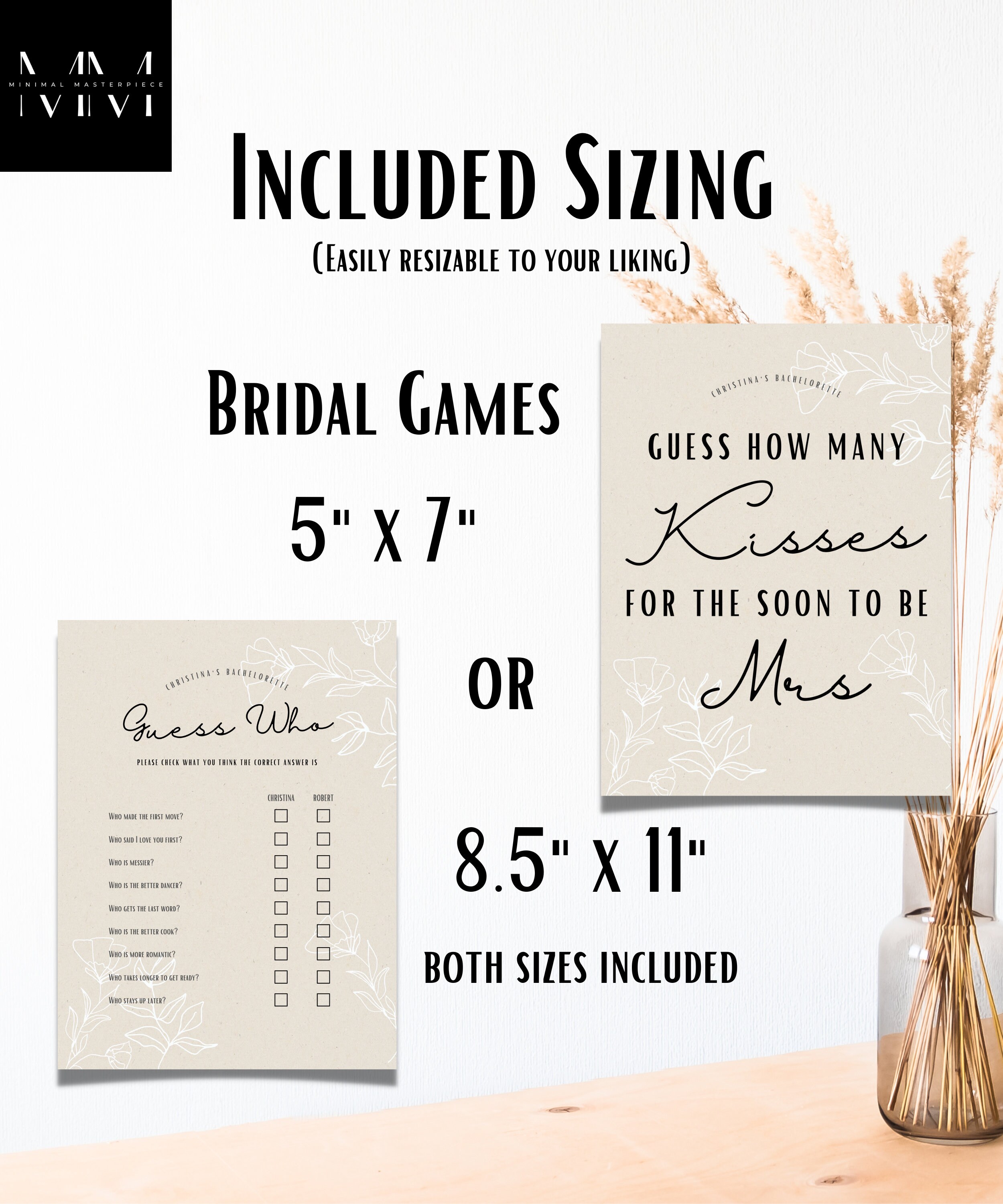 How Many Kisses Bridal Shower Game - Includes 1 Sign & 50 Guess Cards, Minimalist Wedding Shower Party Game