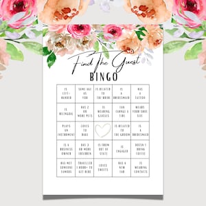 Encuentra el juego nupcial de bingo invitado Juego de despedida de soltera imprimible floral Juego de ducha de boda minimalista Juego de fiesta nupcial editable
