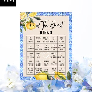 Blue Tiles And Lemons Find The Guest Bingo | Find The Guest Game | Minimalist Bridal Shower Game | Bridal Shower Game Template | Printable