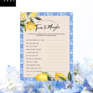Blue Tiles And Lemons Time To Mingle Say | Bridal Shower Game | Minimalist Bridal Shower Game | Bridal Shower Game Template | Printable