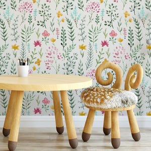 Peel and Stick REMOVABLE WALLPAPER Fabric, Pink Floral Wallpaper, Wild Flowers Wallpaper, Nursery Decor Farmhouse Watercolor Flowers 0472-26