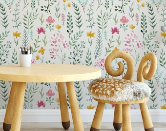 Peel and Stick REMOVABLE WALLPAPER Fabric, Pink Floral Wallpaper, Wild Flowers Wallpaper, Nursery Decor Farmhouse Watercolor Flowers 0472-26