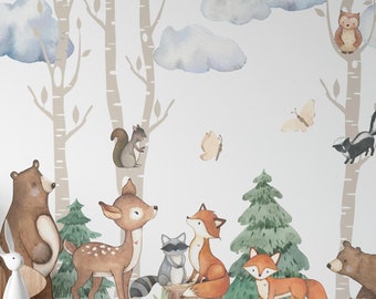 Woodland Wall Decals VINYL MURAL |  4 Birch Trees for Baby Nursery, 2 Pine Trees 12 Animals Forest in Peel and Stick Removable