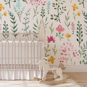 Peel and Stick REMOVABLE WALLPAPER Fabric, Pink Floral Wallpaper, Wild Flowers Wallpaper, Nursery Decor Farmhouse Watercolor Flowers 0472-78