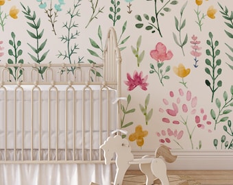 Peel and Stick REMOVABLE WALLPAPER Fabric, Pink Floral Wallpaper, Wild Flowers Wallpaper, Nursery Decor Farmhouse Watercolor Flowers 0472-78