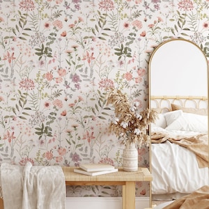 Peel & Stick Removable WALLPAPER CANVAS Opaque Textured Vinyl Watercolor WILLA Wall Mural Nursery Decor Girl Pink Flowers Botanical 0243-26