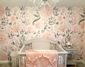 Pink Floral Peel and Stick FABRIC WALLPAPER | Blush Floral Nursery Wallpaper, Baby Girl Room Roses 0114-78