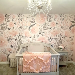 Peel & Stick Removable WALLPAPER Fabric, Floral Wallpaper, Nursery Wallpaper, Farmhouse Nursery Wall Decor Pink Wallpaper Olivia Rose 114-78
