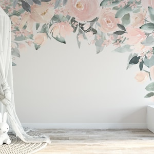 Wall Decal CANOPY Pink Watercolor Roses OLIVIA ROSE Pink Floral Mural Peonies Removable Nursery Décor Baby Girl Peony Flowers Wall Mural