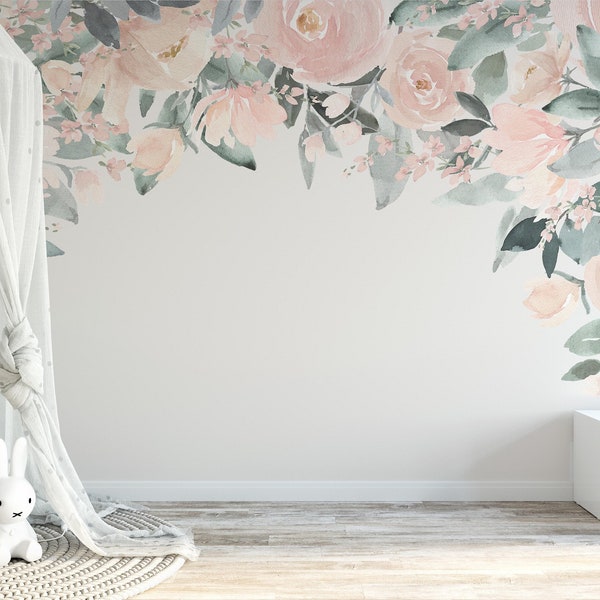 Wall Decal CANOPY Pink Watercolor Roses OLIVIA ROSE Pink Floral Mural Peonies Removable Nursery Décor Baby Girl Peony Flowers Wall Mural