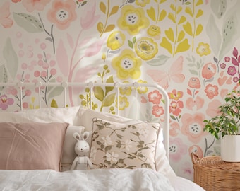 Peel and Stick REMOVABLE WALLPAPER Fabric, Pink Floral Wallpaper Wild Flowers Wallpaper, Nursery Decor Farmhouse Pink Yellow Purple 0473-104