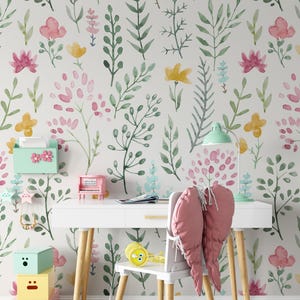 Peel and Stick REMOVABLE WALLPAPER Fabric, Pink Floral Wallpaper, Wild Flowers Wallpaper, Nursery Decor Farmhouse Watercolor Flowers 0472-52