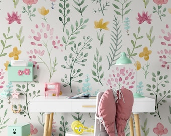 Peel and Stick REMOVABLE WALLPAPER Fabric, Pink Floral Wallpaper, Wild Flowers Wallpaper, Nursery Decor Farmhouse Watercolor Flowers 0472-52
