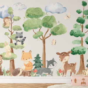 Wall Decals Watercolor WOODLAND PREMIUM Set 5 Trees 9 Animals Clouds Grass Vinyl or Fabric Decals Peel and Stick Mural Removable
