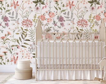 REMOVABLE WALLPAPER PREPASTED Willa Watercolor Wall Mural Nursery Décor Girl Pink Floral Wallpaper Pre-Pasted Botanical Wild Flowers 0243