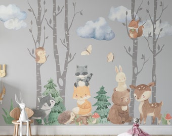 Woodland Wall Decals 4 Birch Trees 2 Pine trees 9 Animals Clouds Grass Vinyl Peel and Stick Mural Removable