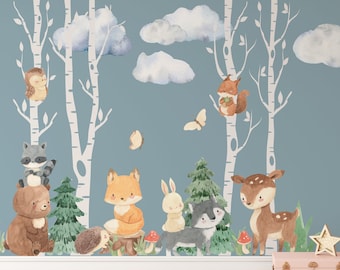 Woodland Wall Decals 4 Birch Trees 2 Pine trees 9 Animals Clouds Grass Vinyl Peel and Stick Mural Removable