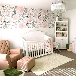Peel & Stick FABRIC Removable WALLPAPER Olivia Rose Watercolor, Wainscoting, Wall Art, Nursery Mural, Pink large Flowers Wallpaper 0114-52
