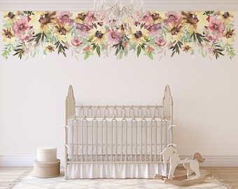Wall Decal BORDER Yellow Pink Watercolor Sunflowers MARIGOLD Floral Farmhouse Nursery Décor Baby Girl Peony Flowers Wall Mural
