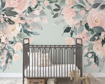 Wall Decal CORNERS Pink Watercolor Roses OLIVIA ROSE Pink Floral Peonies Nursery Décor Baby Girl Peony Flowers Wall Mural