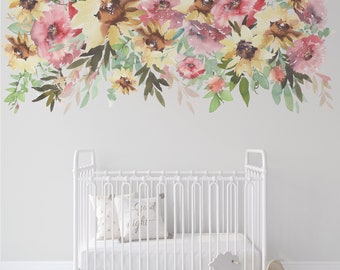 Wall Decal BORDER Yellow Pink Watercolor Sunflowers SUNNYPINK Floral Farmhouse Nursery Décor Baby Girl Peony Flowers Wall Mural