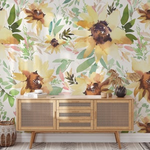 Removable WALLPAPER Peel and Stick CANVAS Vinyl Wallpaper, Sunflower, Boho Wallpaper, Botanical Wallpaper, Farmhouse, Floral Wallpaper 0120S
