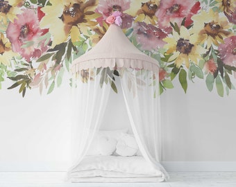 Wall Decal BORDER Yellow Pink Watercolor Sunflowers SUNNYPINK Floral Farmhouse Nursery Décor Baby Girl Peony Flowers Wall Mural