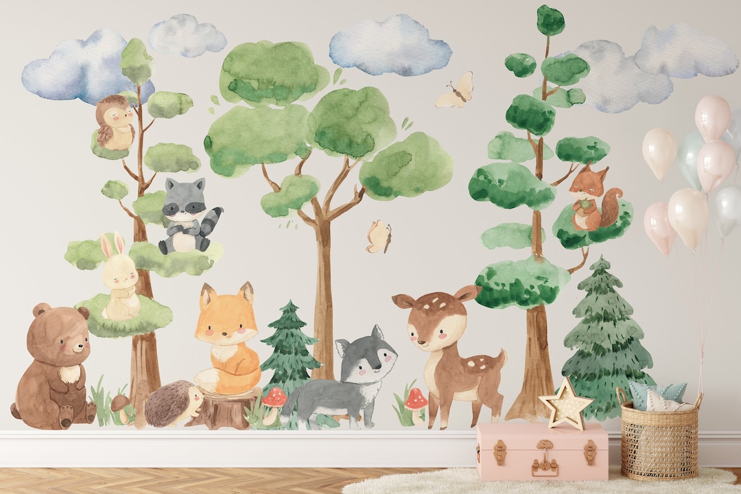 Peel & Stick Removable Wall Decals | Watercolor WOODLAND Set | 5 Trees ...