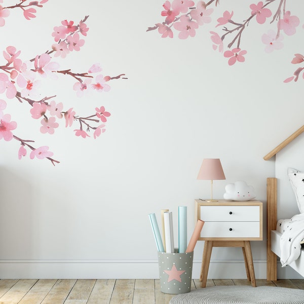 Wall Decals LAUREN Watercolor Cherry Blossom Tree Branches Original Nursery Decor Girl Pink Flowers Removable