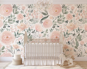 Olivia Rose Watercolor Original Wall Mural Nursery Décor Girl Pink Floral Wallpaper Pre-Pasted 0114-78