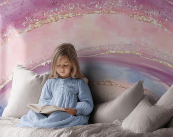 Girls Bedroom Rainbow Mural, Pink Watercolor Wallpaper, Peel and Stick Wall Mural, Whimsical Girls Room Decor 0522