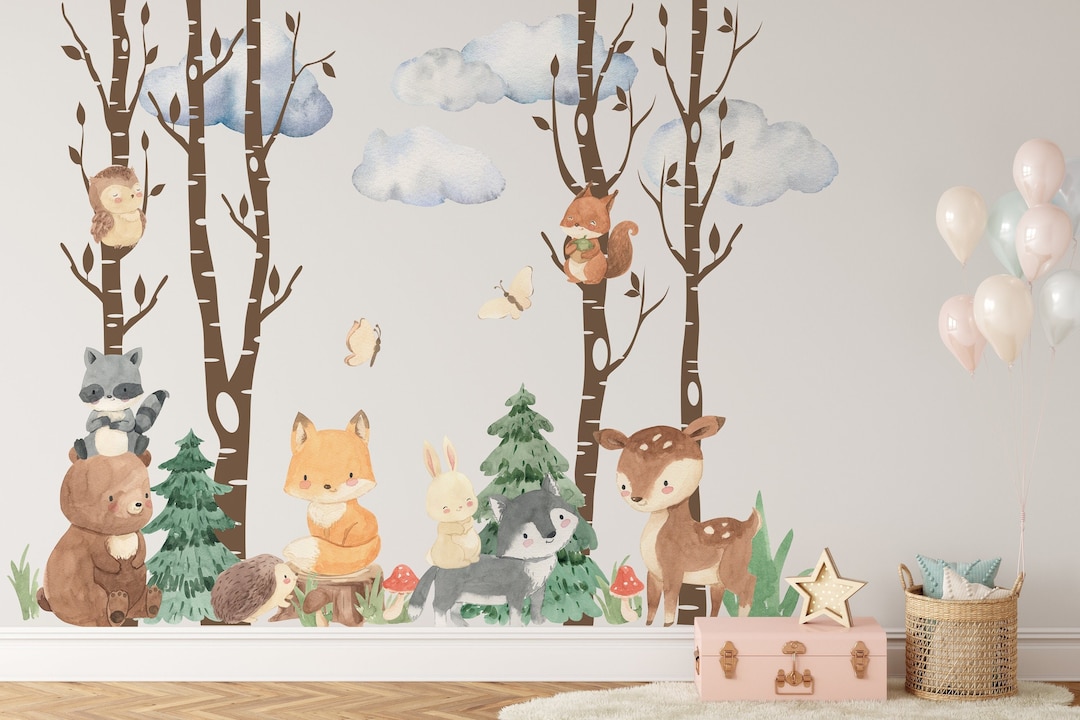 Woodland Wall Decals 4 Birch Trees 2 Pine Trees 9 Animals Clouds Grass
