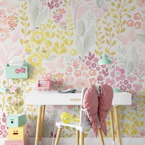 Peel and Stick REMOVABLE WALLPAPER Fabric, Pink Floral Wallpaper, Wild Flowers Wallpaper, Nursery Decor Farmhouse Pink Yellow Purple 0473-78
