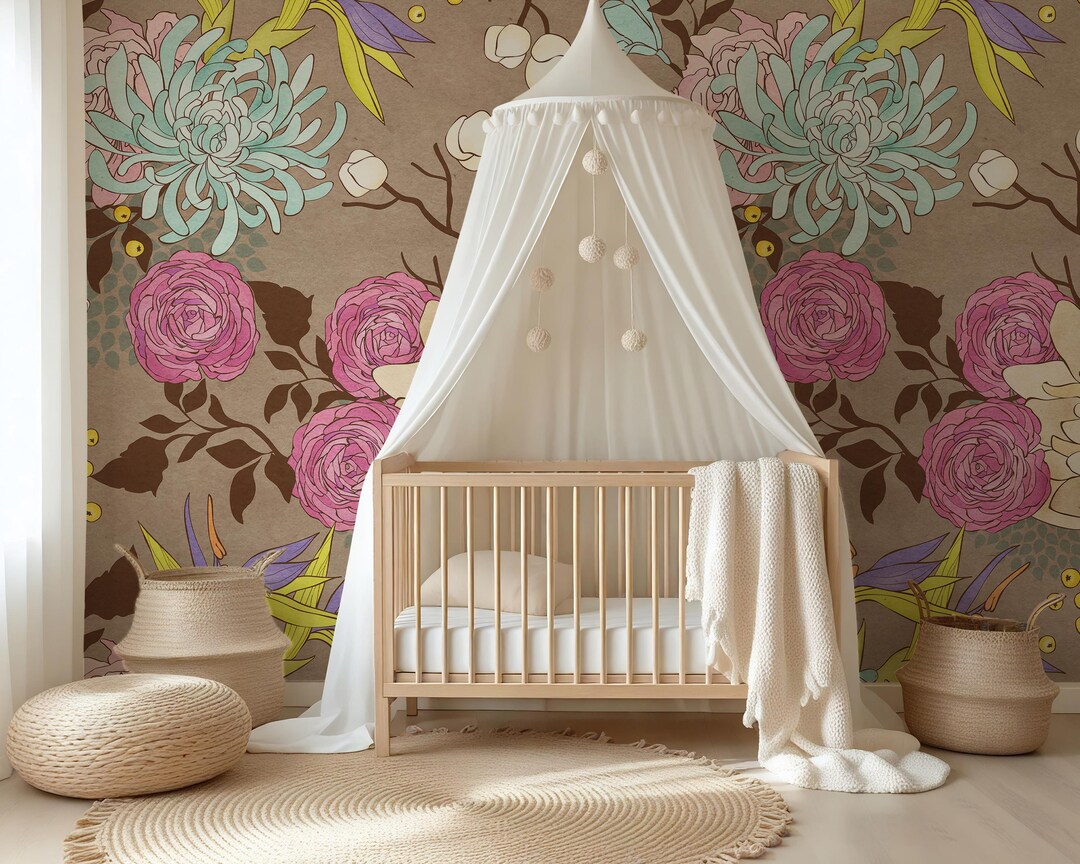 Botanical Nursery Wallpaper Peel and Stick, Dark Floral Wall Mural ...
