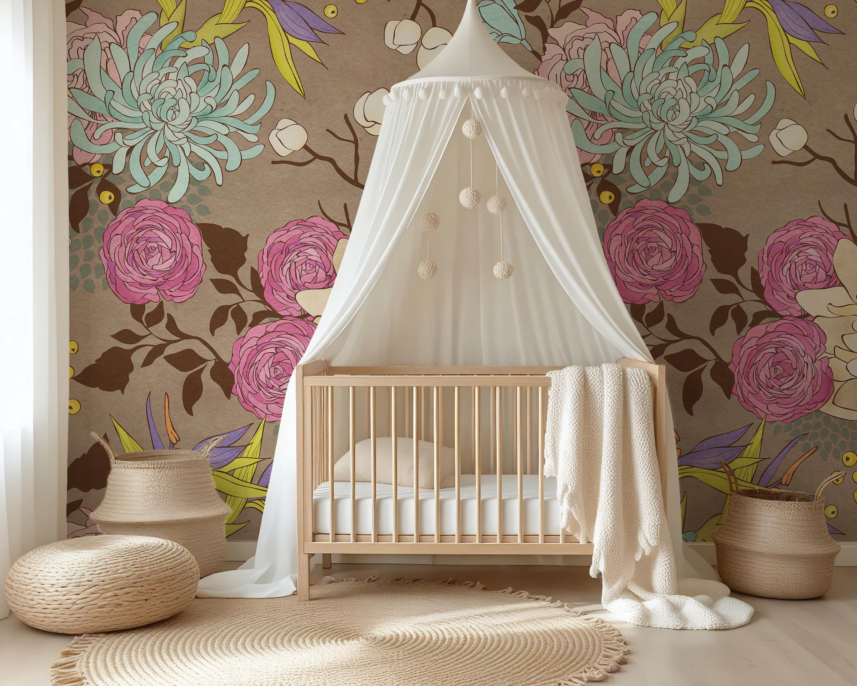 Botanical Nursery Wallpaper Peel and Stick, Dark Floral Wall Mural ...