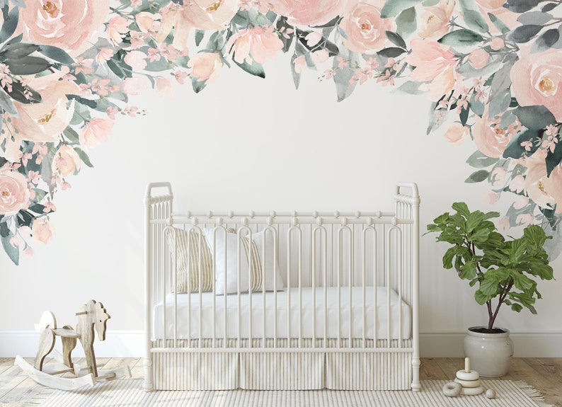 Wall Decal CANOPY Pink Watercolor Roses OLIVIA ROSE Pink Floral Mural ...