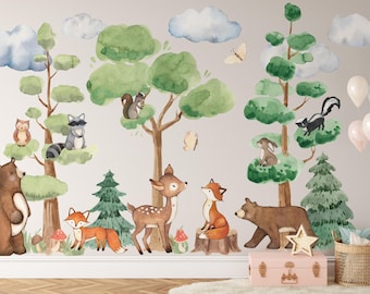Peel & Stick Wall Fabric or Vinyl Decals Watercolor WOODLAND Mural | PREMIUM Removable Set 5 Trees 12 Animals Clouds Grass