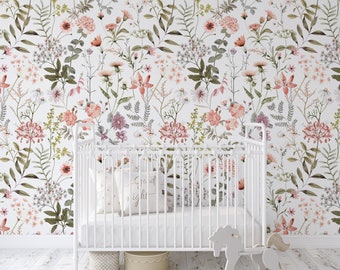 Large Floral Nursery Wallpaper, Peel and Stick Wallpaper, Romantic Botanical Wallpaper, Pink Floral Nursery Decor 0243-52