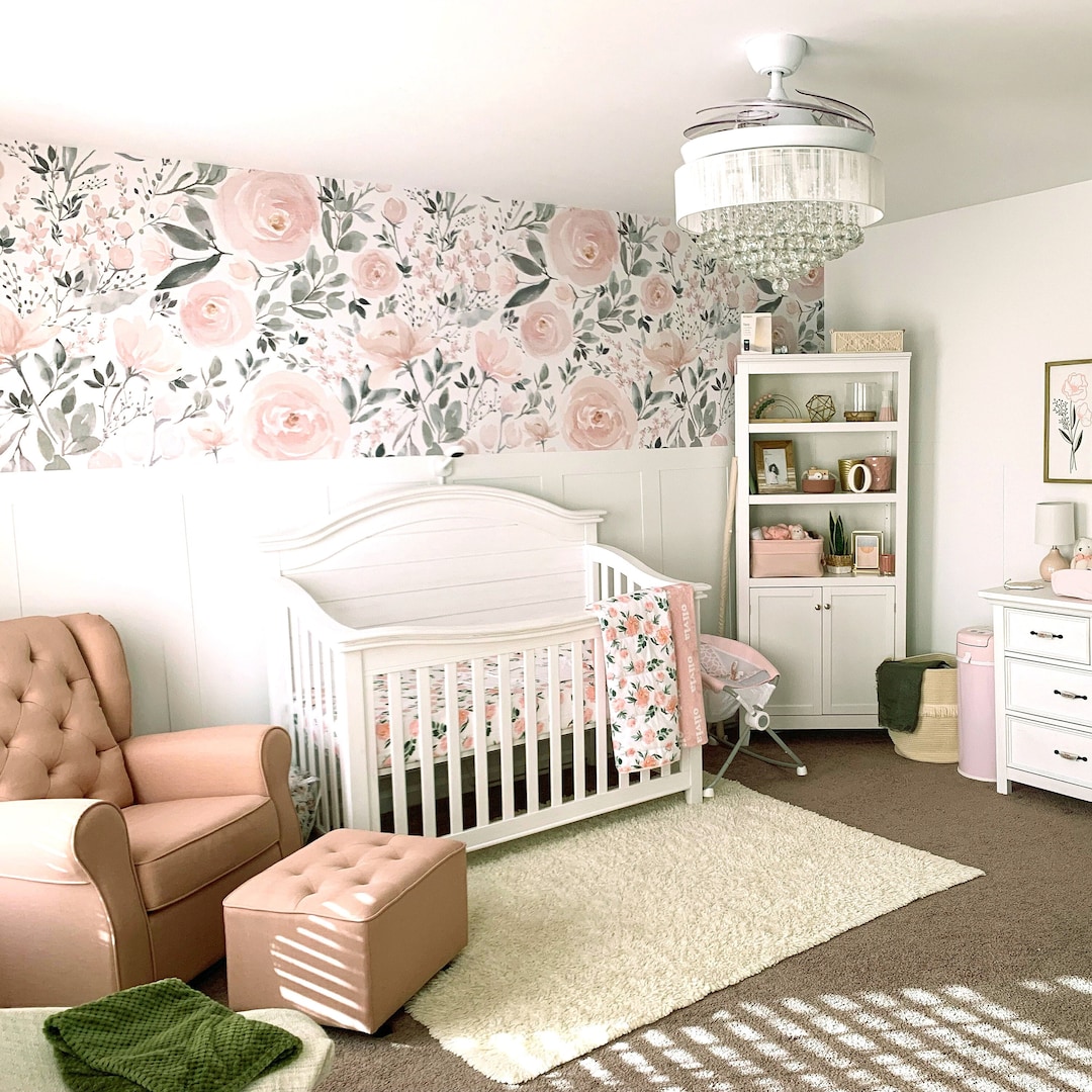 Blush Floral Nursery Wallpaper, Baby Girl Room Roses, Vintage ...