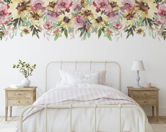 Wall Decal BORDER Yellow Pink Watercolor Sunflowers MARIGOLD Floral Farmhouse Nursery Décor Baby Girl Peony Flowers Wall Mural
