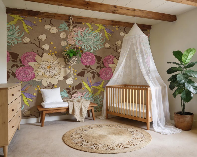 Botanical Nursery Wallpaper Peel and Stick, Dark Floral Wall Mural ...