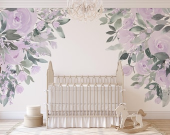 Wall Decal CORNERS Lavender Watercolor Roses OLIVIA ROSE Peel and Stick Removable Lilac Floral Peonies Nursery Décor Girl Flowers Mural