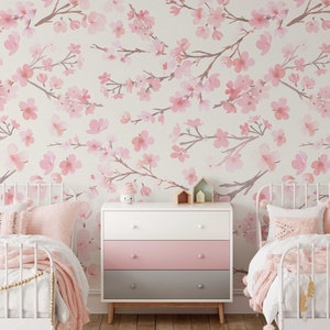 Peel and Stick REMOVABLE WALLPAPER Fabric, Botanical Wallpaper, Cherry Blossom Chinoiserie Floral Wallpaper Nursery Wallpaper LAUREN 0119-52
