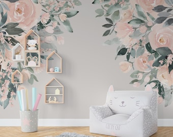 Wall Decal CORNERS Pink Watercolor Roses OLIVIA ROSE | Peel and Stick Removable Pink Floral Peonies Nursery Décor Girl Peony Flowers Mural