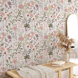 REMOVABLE PREPASTED WALLPAPER | Watercolor Botanical Wild Pink Flowers for Girl Nursery 0243-26