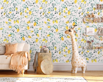 WALLPAPER SAMPLES Yellow LEMONS Peel & Stick Fabric Canvas Prepasted Removable Unpasted Traditional Wall Covering Greenery  Fruit Mural 0198