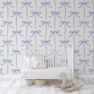 Peel and Stick REMOVABLE WALLPAPER Fabric, Blue Bows Wallpaper, Baby Room Wallpaper, Nursery Decor Farmhouse Bows Pattern Wall Mural 0471-52