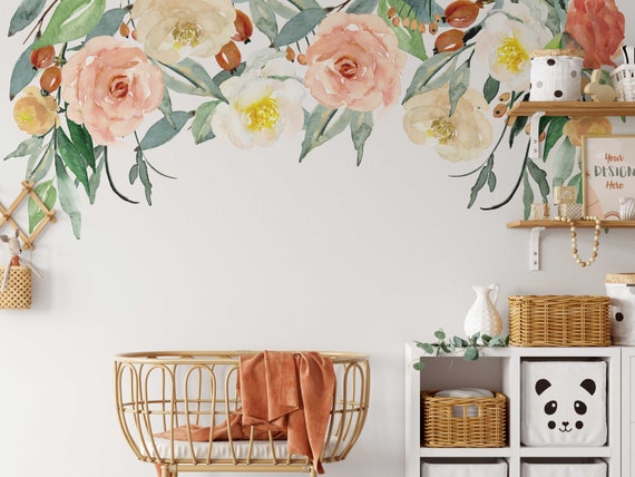 Wall Decal BORDER Coral Pink Yellow Watercolor ROSES MAEGAN Floral Farmhouse Nursery Décor Baby Girl Peony Flowers Wall Mural